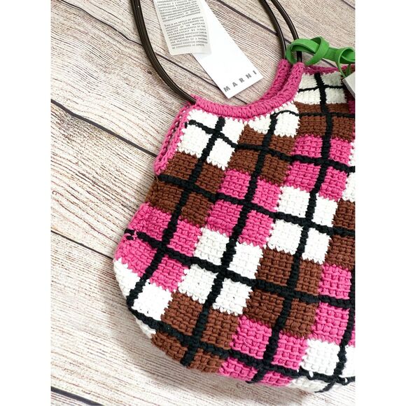 NWT Marni Market handbag in cotton knit with diamond pattern in Pink Crochet - Picture 13 of 16